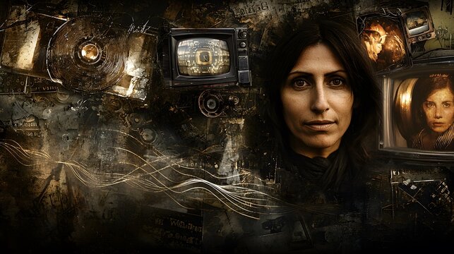 woman’s face merged with images of television screens, radio waves, and film reels, illustrating her significant role in both traditional and modern media. [Women’s]:[voices in media] 