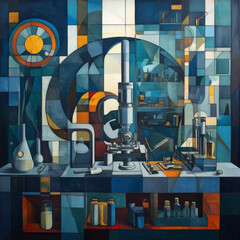 Microscope dominating cubist laboratory scene with beakers and test tubes