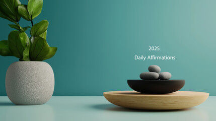 2025 Daily Affirmations concept. serene display featuring plant, stones, and affirmations for 2025