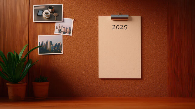2025 Daily Affirmations concept. cozy workspace featuring corkboard with blank note for 2025, photos, and plant