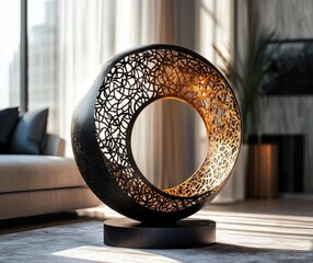 Modern black metal sculpture with intricate cut-out design, illuminated from within, sitting on a dark base in a contemporary living room.
