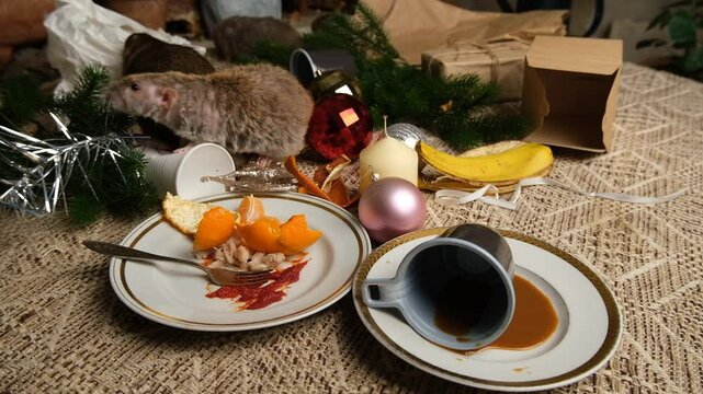 Brown rats are running on the table with leftover food and fod messy.