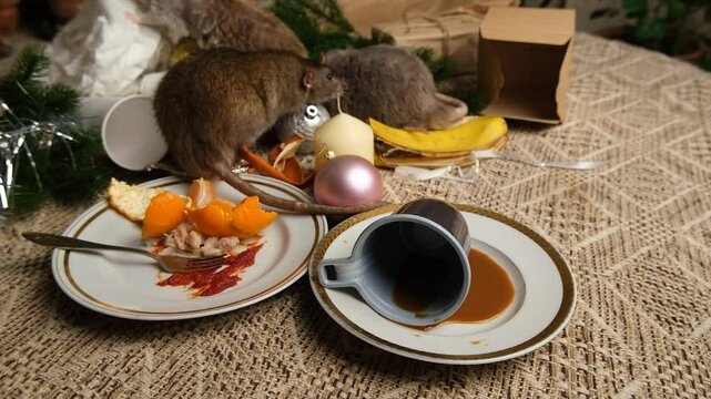 Brown rats are running on the table with leftover food and fod messy.