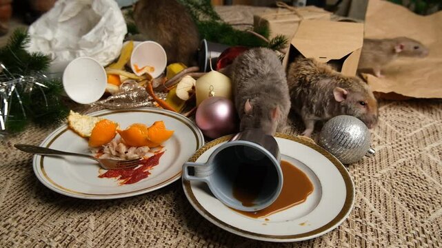 Brown rats are running on the table with leftover food and fod messy.