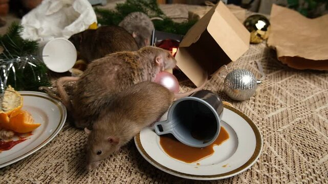 Brown rats are running on the table with leftover food and fod messy.