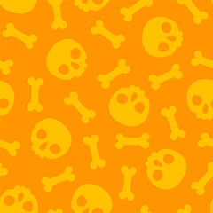 Orange seamless pattern with yellow halloween skulls and bones