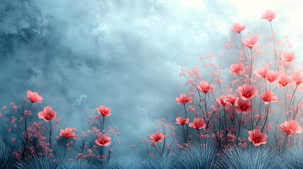 Obraz premium Pink Flowers Bloom Against A Blue Cloudy Sky