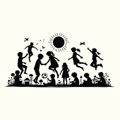 Obraz premium Children Playing at Sunset Silhouette Set for Family Themes, Outdoor Activities, and Artistic Designs