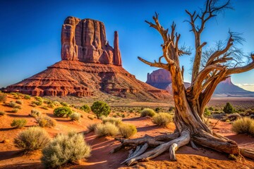 Red rock formations, a dry desert landscape, and a large dead tree. Sunny day.