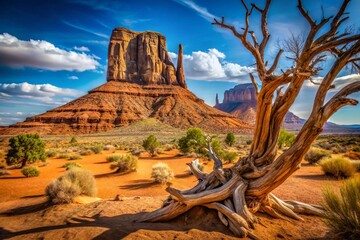 A vast desert landscape with a large red rock formation, a dead tree with exposed roots, and scrubby bushes. Blue sky with white clouds.