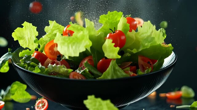 Vibrant and healthy salad featuring mixed greens, tomatoes, cheese, and colorful vegetables restaurant being tossed into a black bowl