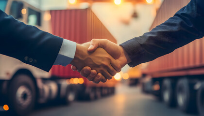 Businessmen shaking hands near shipping containers