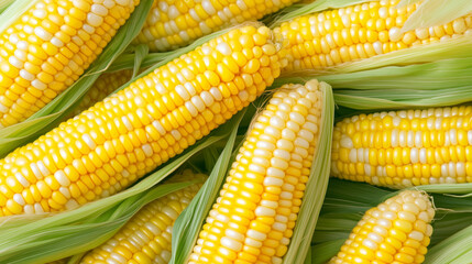 Freshly harvested corn cobs with husks showcasing vibrant yellow kernels in a farm setting