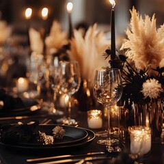 Elegant dinner party with minimalist black and gold decor