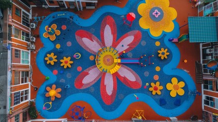 Bird s eye view of children s playground design featuring diverse recreational equipment
