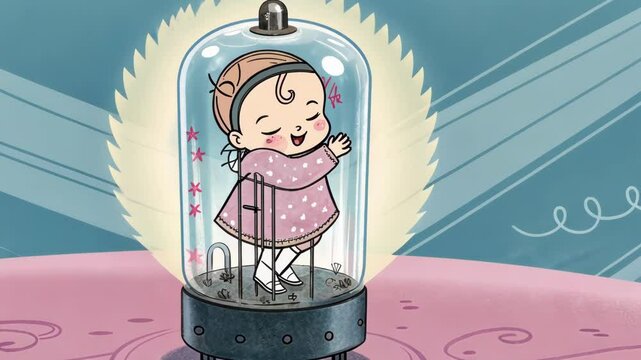 Classic Charm The animated baby pirouettes with innocence framed within the glowing cathode ray tube. The image flickers softly with pastel hues blending together celebrating the