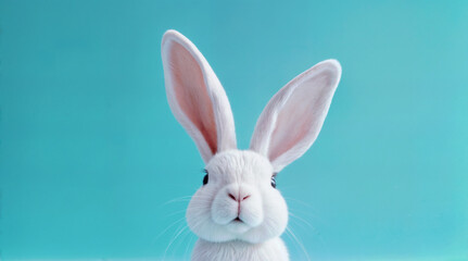 Fototapeta premium Adorable white rabbit with long ears and pink nose in close up portrait against turquoise background, 3D rendered Easter bunny with innocent expression