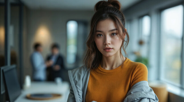 Young Asian professional woman in mustard sweater and gray jacket looking confident at modern office, messy bun hairstyle, business meeting background - Powered by Adobe