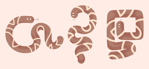 Abstract geometric stylized Snakes set. Snakes collection design elements in modern simplified style. Snake sign, emblem logo, element, decor. Vector illustration