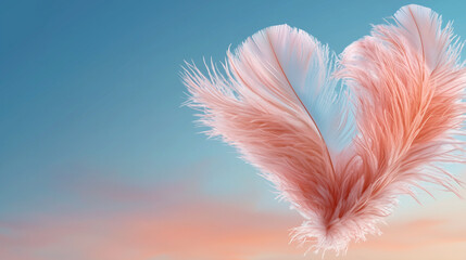Obraz premium Fluffy Pink Feather Heart in Blue Sky with Clouds and Sunlight