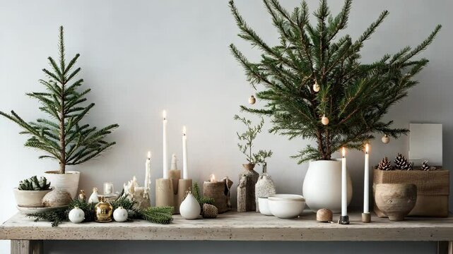Scandinavian Festive winter ambiance, christmas trees, cozy candles, and hygge decorations arranged on a rustic wooden table