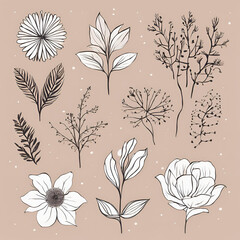 A charming collection of hand-drawn floral illustrations featuring various flowers and leaves in black on a soft beige background, perfect for invitations and decor.