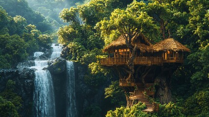 Lush jungle waterfall beside treetop house.