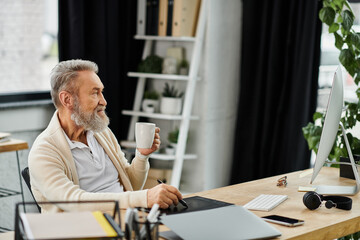 Senior man with a beard sips coffee and focuses on his work in a bright home office setting.