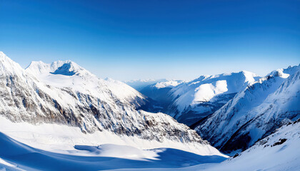Fototapeta premium A panoramic view of majestic snow-covered peaks stretching across the horizon under a clear blue sky, with crisp, vivid details capturing the serene alpine landscape.