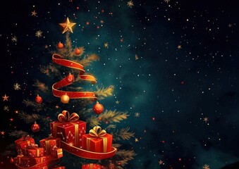 Fototapeta premium Christmas tree adorned with gifts and decorations against a dark background, illustration