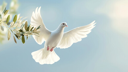 Obraz premium White Dove in Flight with Olive Branch Against Blue Sky
