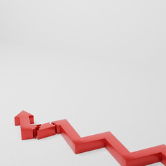 Broken red arrow on white background, economic breakdown and recession, bankruptcy, 3d illustration