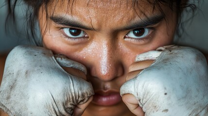 Obraz premium Intense close-up of a determined female boxer preparing for a match.