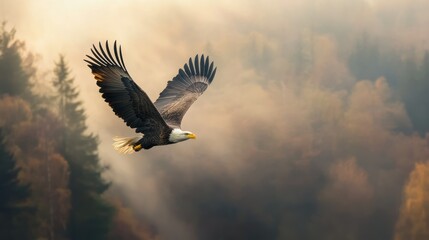 Obraz premium A majestic eagle soaring over a misty forest landscape at dawn.