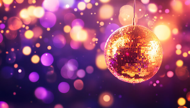 Golden Disco Ball Hanging Against Purple Lights