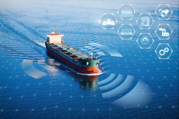 Cargo dry bulk ship in sea with AI Logistic and transportation technology. International import...