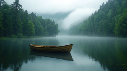 Serene misty lake with a lone wooden rowboat.