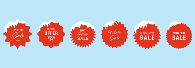 Collection of winter sale icons with snow. Vector illustration