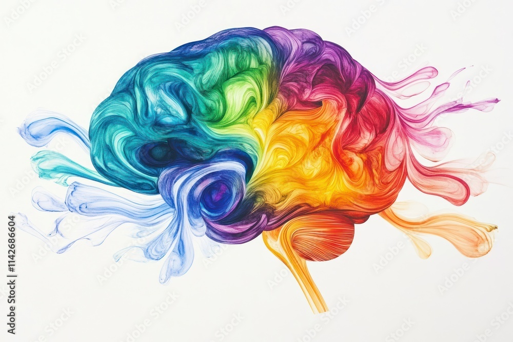 Poster vibrant abstract representation of a brain with swirling colors in a spectrum from blue to red illus