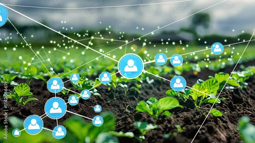 Aufkleber illuminated network connecting young plants growing in fertile soil, symbolizing the integration of 
