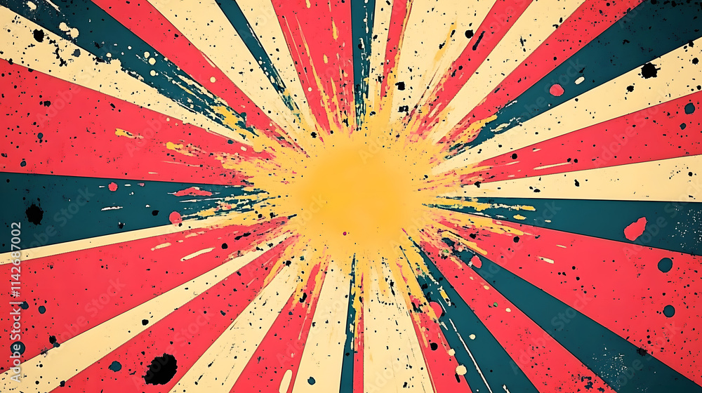 Poster retro-style burst graphic with vibrant rays and splatter effects, creating a dynamic and energetic v