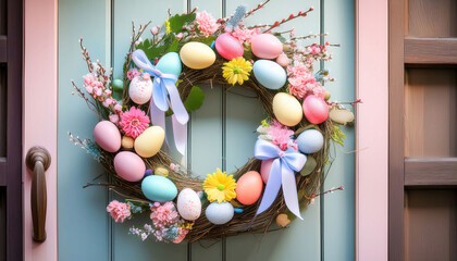 Obraz premium A pastel-themed Easter wreath with colorful eggs, satin ribbons, and fresh spring flowers, perfect for seasonal decor, hanging on a white rustic door.