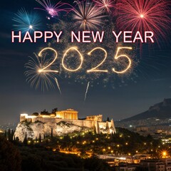Happy New Year 2025 in Athens. Athens Skyline with Fireworks for New Year 2025	