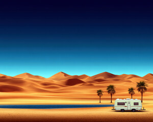 A serene desert landscape featuring a caravan parked beside a tranquil oasis, surrounded by palm trees and sprawling dunes under a gradient blue sky.