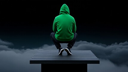 Solitude on the Edge: A hooded figure perches on a rooftop, gazing out over a sea of clouds. The silhouette evokes a sense of isolation, mystery, and contemplation.
