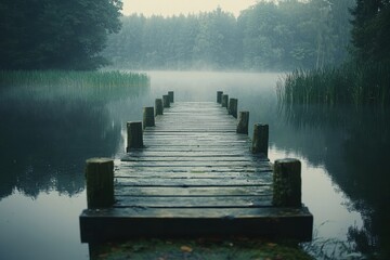 Serene wooden pier extends into misty lake surrounded by lush green trees at dawn. Generative AI