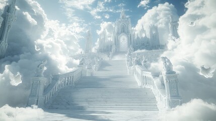 A majestic staircase leads to a grand, ethereal palace amidst fluffy white clouds.