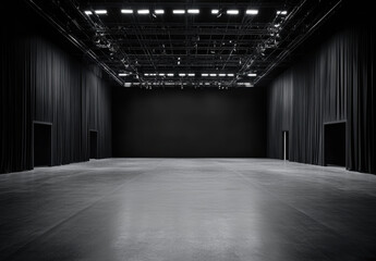 An expansive, minimalist performance space featuring dark curtains and a sleek floor, awaiting a production that promises to transform its blank canvas into artistic expression.