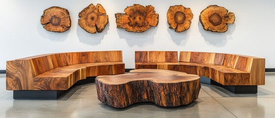 Modern curved wooden sofa and coffee table set with wood wall art.