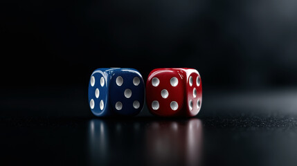 A striking close-up of blue and red dice, showcasing their glossy finish and contrasting colors against a dark backdrop, perfect for illustrating chance and gaming themes.